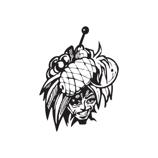 Tropical fruit hat decal, black-and-white line art of a face with tropical fruit and hat