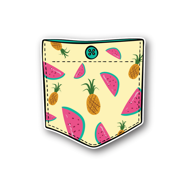Tropical fruit pocket vinyl sticker with watermelon, pineapple, and mint icons on pale cream