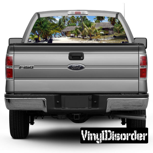Pickup rear window view graphic on dark pickup tailgate