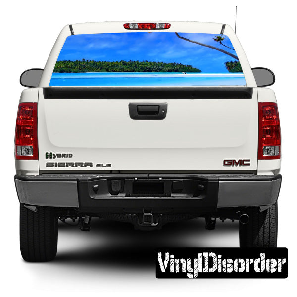 Tropical rear window view graphic decal with island landscape in blue sky