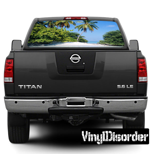 Truck rear window graphic showing tropical beach view, Nissan Titan tailgate