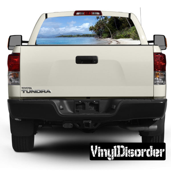 Truck rear window decal graphic on tailgate door, black and white with red accents
