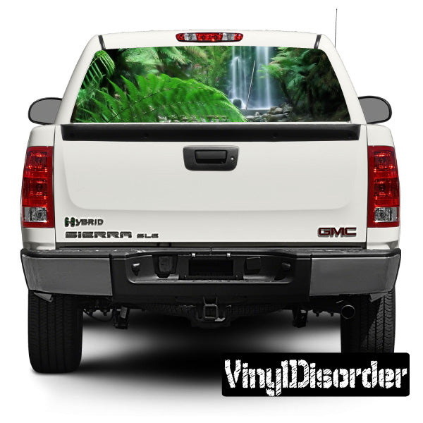 Rear window graphic decal with tropical fern and waterfall scene for truck tailgate