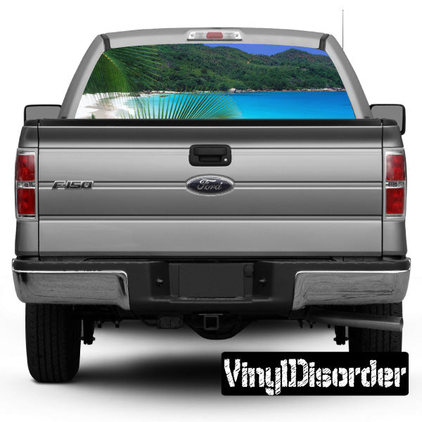Rear window graphic film with landscape view for truck cab