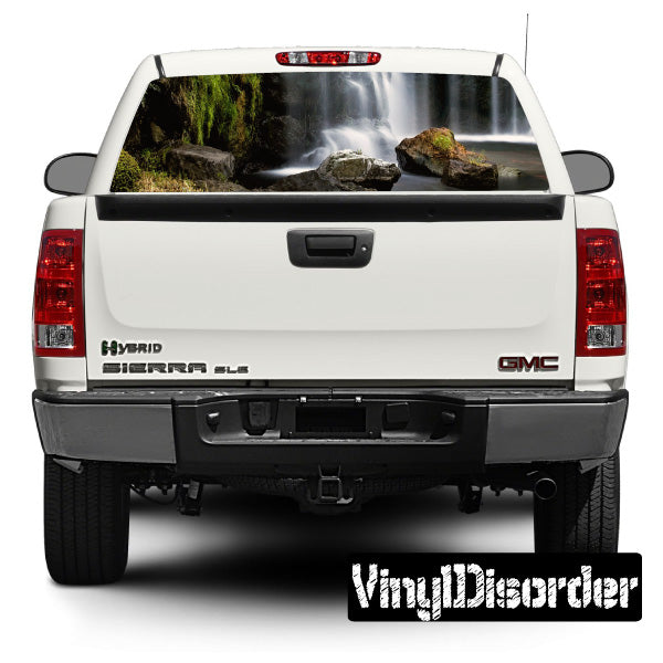 Vehicle rear window graphic decal with tropical scenery view