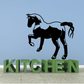 Trotting pony decal with black horse silhouette on light background