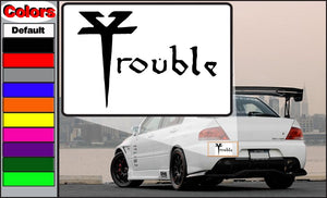 Car decal with black Trouble lettering and trident-style logo