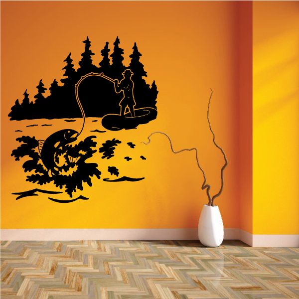 Fishing lake decal showing fisherman silhouette with fish and tree line
