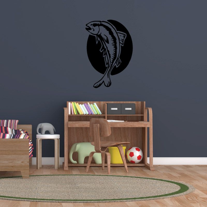 Trout wall vinyl decal with black fish silhouette in a circle