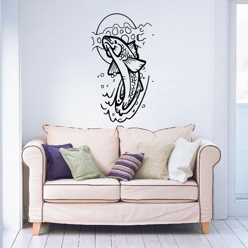 Trout wall decal: black cartoon fish leaping with water bubbles