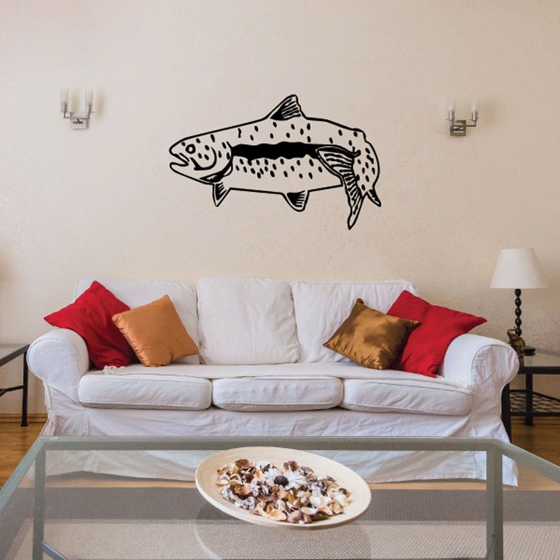 Trout wall vinyl decal with black line art illustration