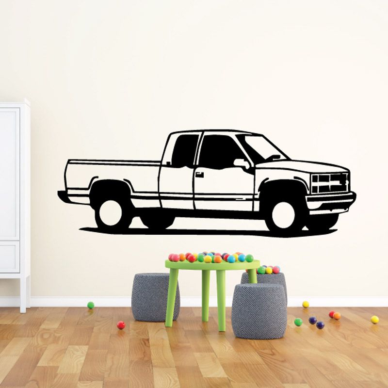 Vinyl truck wall decal of a white pickup with black windows and grille