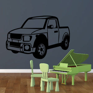 Vinyl wall decal of a pickup truck with green piano and stools.