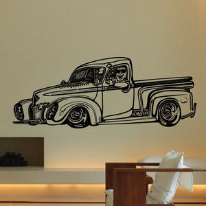 Truck wall decal vinyl: black outline vintage pickup with driver figure