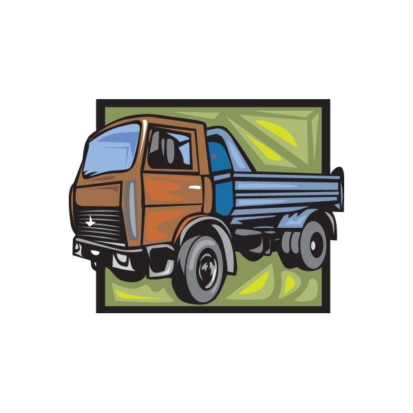 Truck wall decal sticker of a blue and orange pickup truck, front 3/4 view, vinyl die-cut