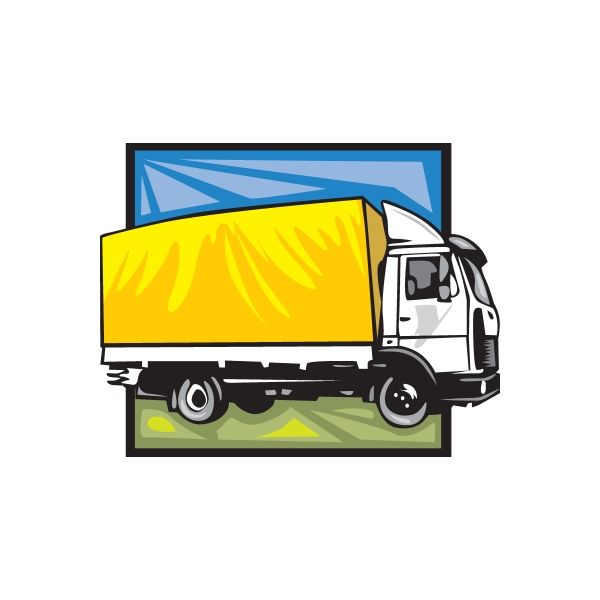 Truck decal sticker: yellow cab with blue trailer, black tires, white front