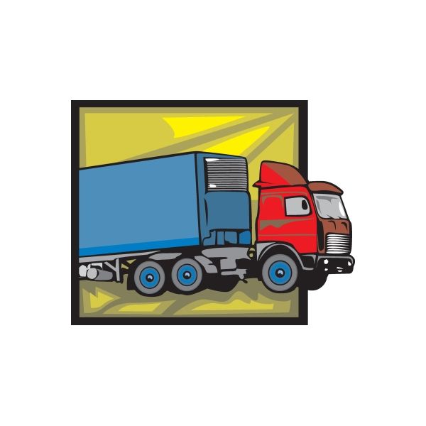 Red and blue semi truck vinyl wall decal, die-cut graphic in a black frame.