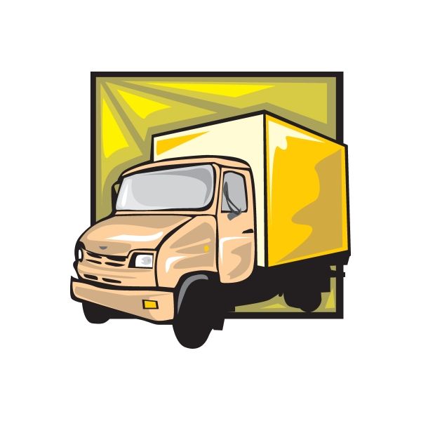 Delivery truck vinyl wall decal sticker, tan cab with yellow cargo box and wheels