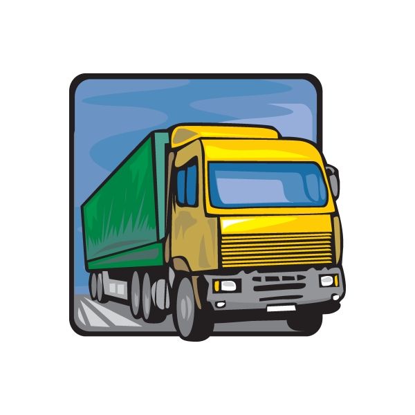 Colorful truck wall decal sticker: yellow cab with blue window, green cargo box, outlined art