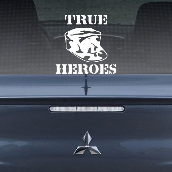 True Heroes car decal, white TRUE HEROES text and shield emblem