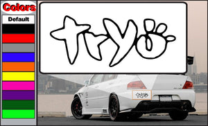 Tryo decal sticker with black graffiti-style lettering and paw print design