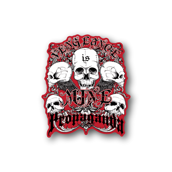Skull-themed vinyl sticker with red ornate border and five white skulls
