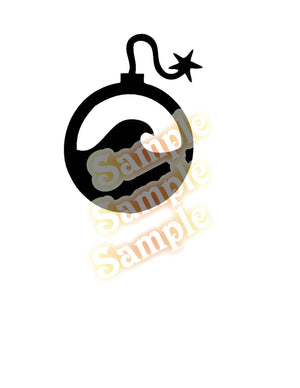 Black bomb-shaped sticker decal with a fuse and star accents