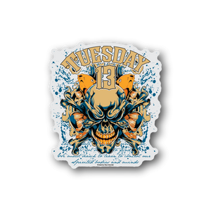 Vinyl sticker with ornate skull design, blue and orange flames, and bold lettering