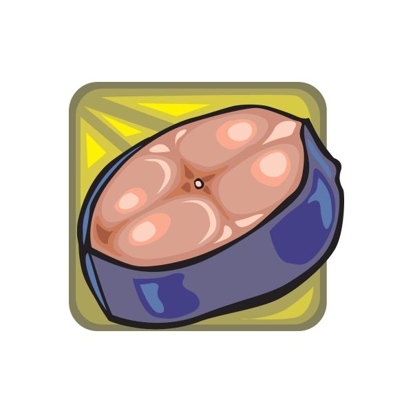 Tuna steak sticker with a cartoon pink tuna cut on a blue backing
