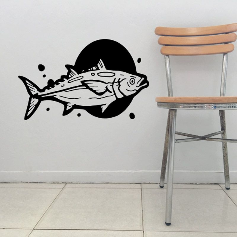 Tuna wall decal, black vinyl fish graphic with small bubbles and splatter accents