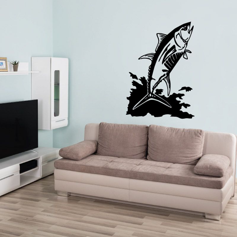 Tuna wall decal, black vinyl sticker of a jumping fish with splashes