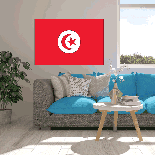 Tunisia flag sticker with red background, white circle, crescent and star.