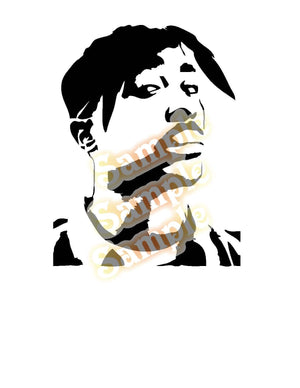 Tupac face decal with black-and-white portrait and gold bandana