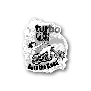 Motorcycle vinyl sticker with Turbo Chicks reloaded text and bike graphic