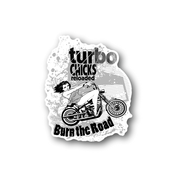 Motorcycle vinyl sticker with Turbo Chicks reloaded text and bike graphic