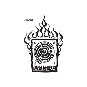 Graffiti turntable decal with flame design on a dark square background