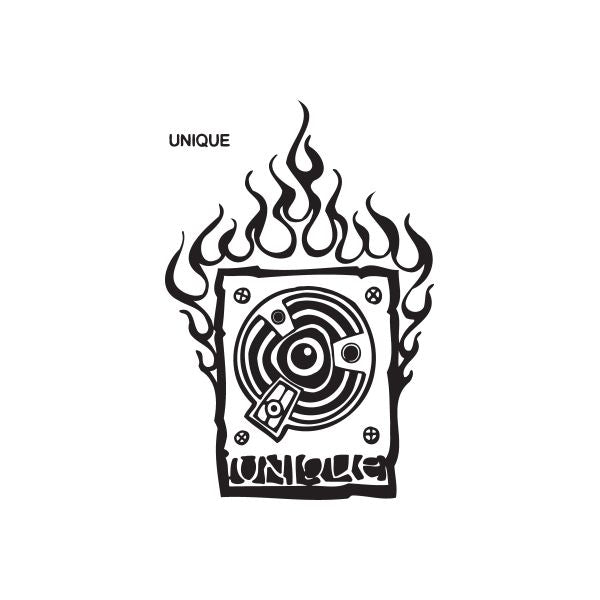 Graffiti turntable decal with flame design on a dark square background