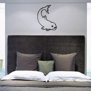 Lake trout wall decal, black outline of fish with fins and tail