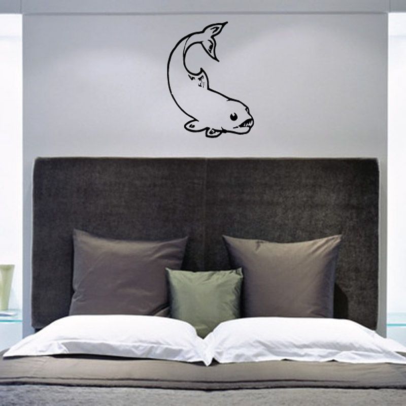 Lake trout wall decal, black outline of fish with fins and tail