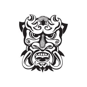 Tiki decal with black and white fire devil face, tusks and flame accents