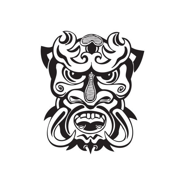 Tiki decal with black and white fire devil face, tusks and flame accents