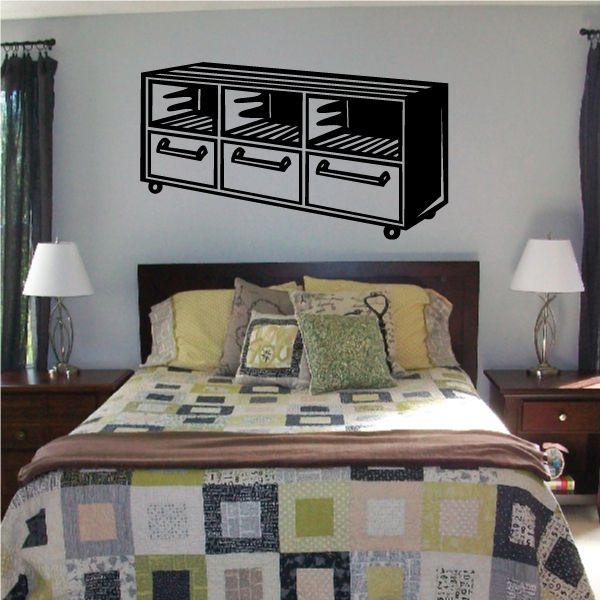 TV cabinet decal with drawers, black line art wall sticker