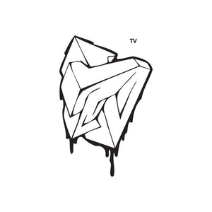 Graffiti TV decal with black stylized TV letters and abstract spray shapes
