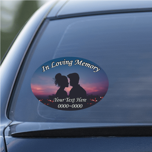 Circular car window sticker with couple silhouettes, sunset gradient, and 'In Loving Memory'.