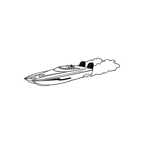 Twin engine speedboat decal with line-art boat and water splash, black outline
