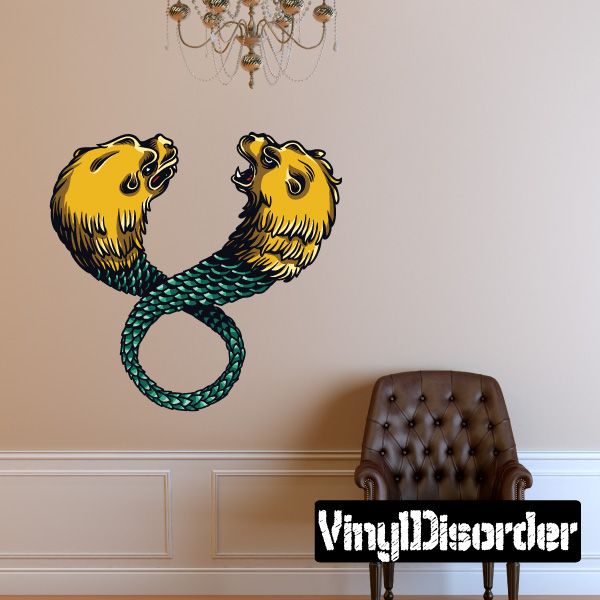 Twin-headed lion-serpent wall decal with yellow heads and teal coiled body