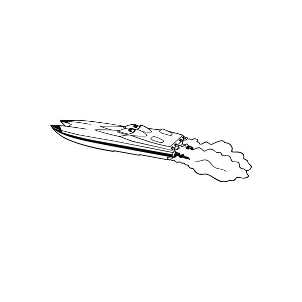 Twin hull speedboat decal with outlined racing boat and wake lines