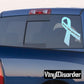 Awareness ribbon vinyl sticker with teal ribbon and white text on a slanted banner