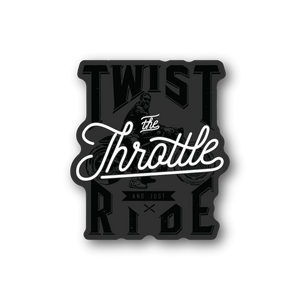 Motorcycle vinyl sticker with 'TWIST the Throttle' and 'RIDE' typography