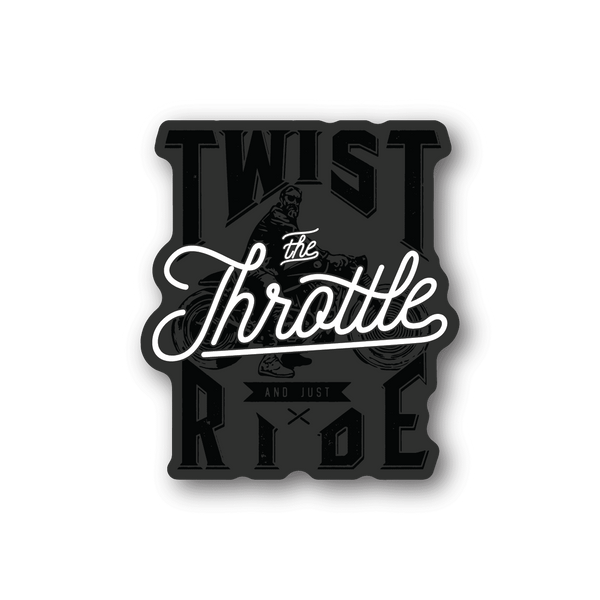 Motorcycle vinyl sticker with 'TWIST the Throttle' and 'RIDE' typography